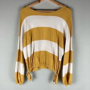 Aerie Slouchy Striped Cinched Tie Waist Pullover Sweater Shirt Mustard Yellow